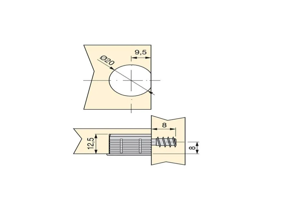 Eccentrici diametro 20 mm e tiranti diametro 6 mm o 8 mm per il montaggio di scaffali