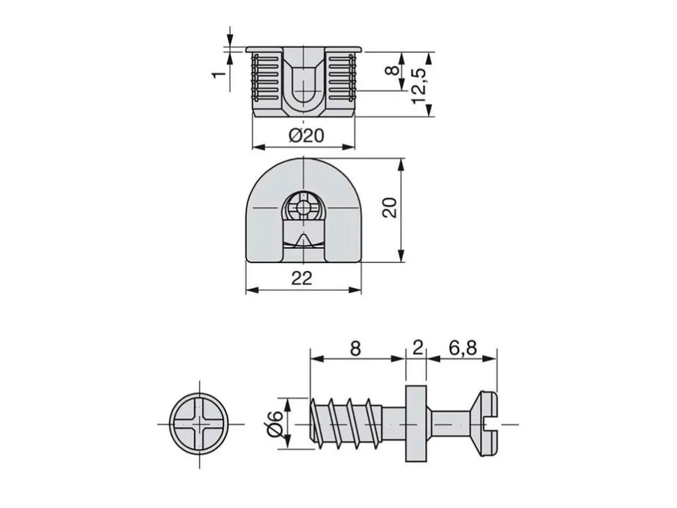 Eccentrici diametro 20 mm e tiranti diametro 6 mm o 8 mm per il montaggio di scaffali