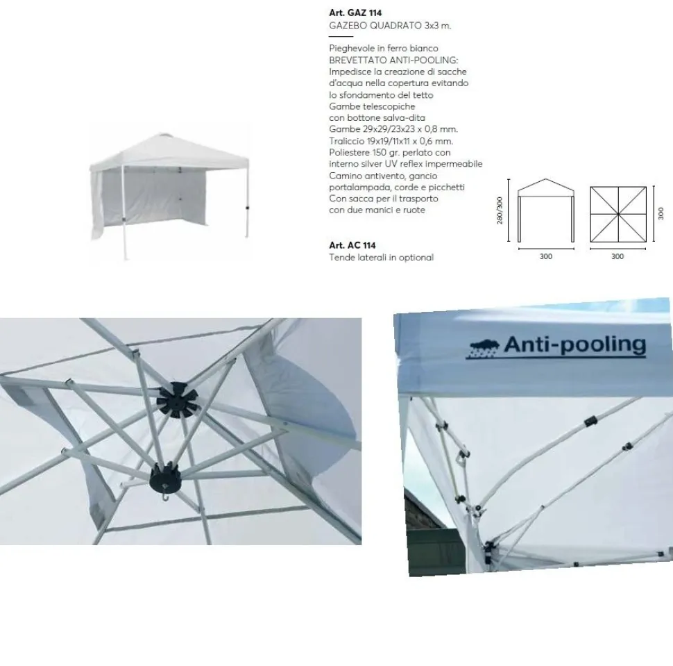 Gazebo Pieghevole 3x3 m sistema brevettato Anti-Pooling protezione UV Silver