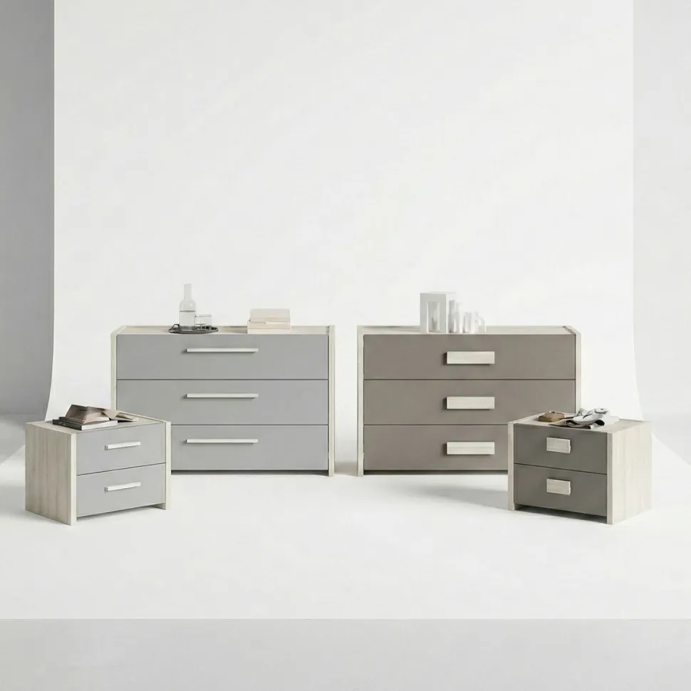 Gruppo notte moderno con maniglia in MDF rivestito Erika disponibile in vari colori