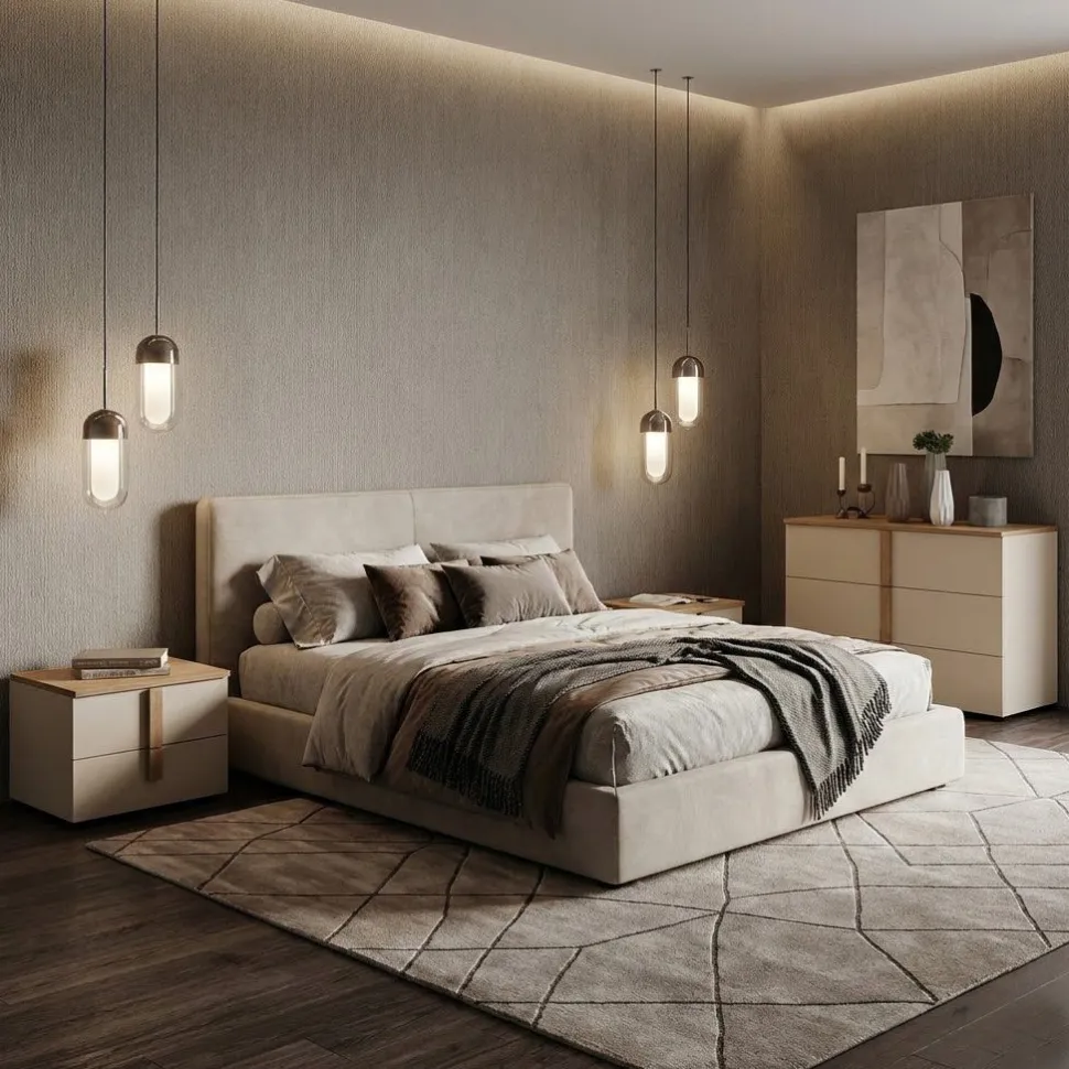 Gruppo notte moderno con maniglia in MDF rivestito Vertigo disponibile in vari colori