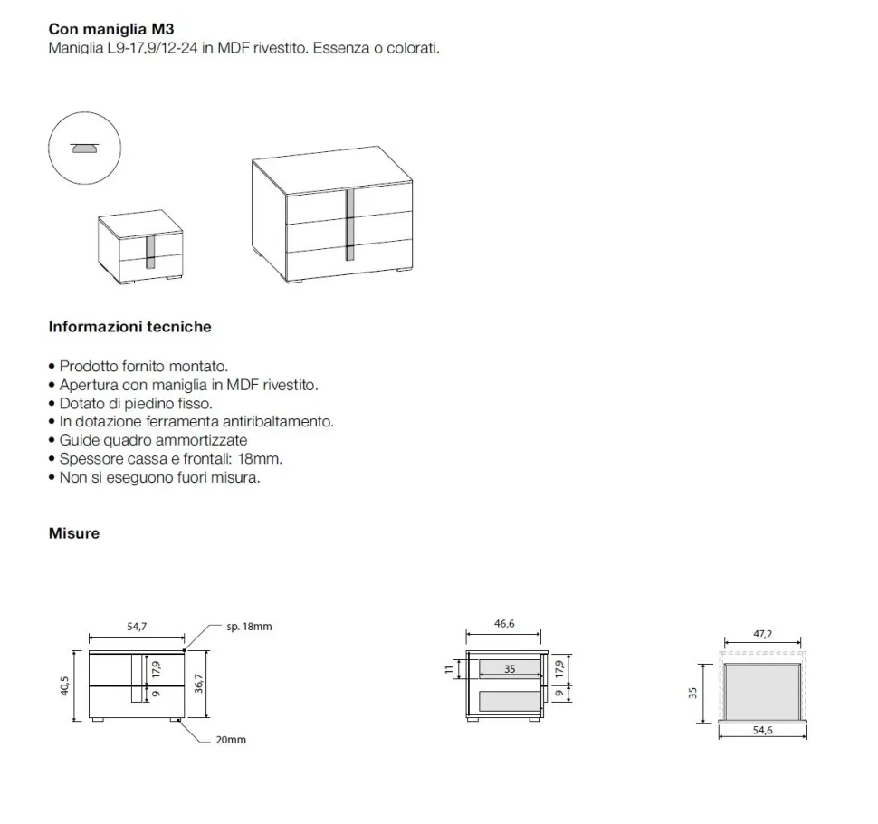 Gruppo notte moderno con maniglia in MDF rivestito Vertigo disponibile in vari colori