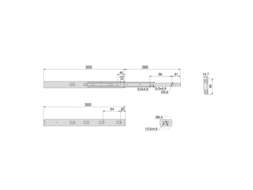 Guide per cassetti, a sfera, altezza 45 mm, profondità 300 mm, estrazione totale, push, chiusura soft, Zincato bianco