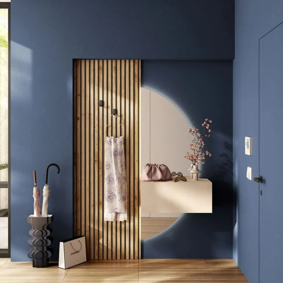 Ingresso moderno con Boiserie e specchio in finitura Cashmere e Cadiz cannettato