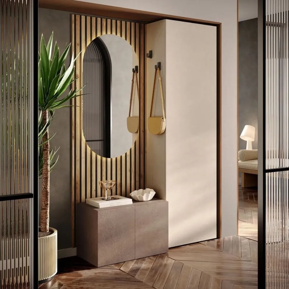 Ingresso moderno con boiserie cannettata in finitura Cashmere Bronzo, e Cadiz cannettato