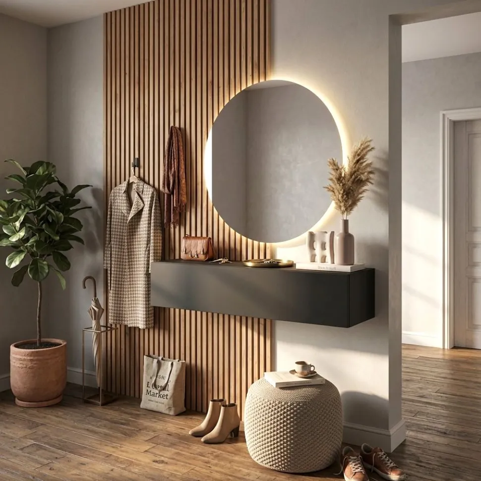 Ingresso moderno con Boiserie e specchio tondo retroilluminato in finitura Mercure e Lava