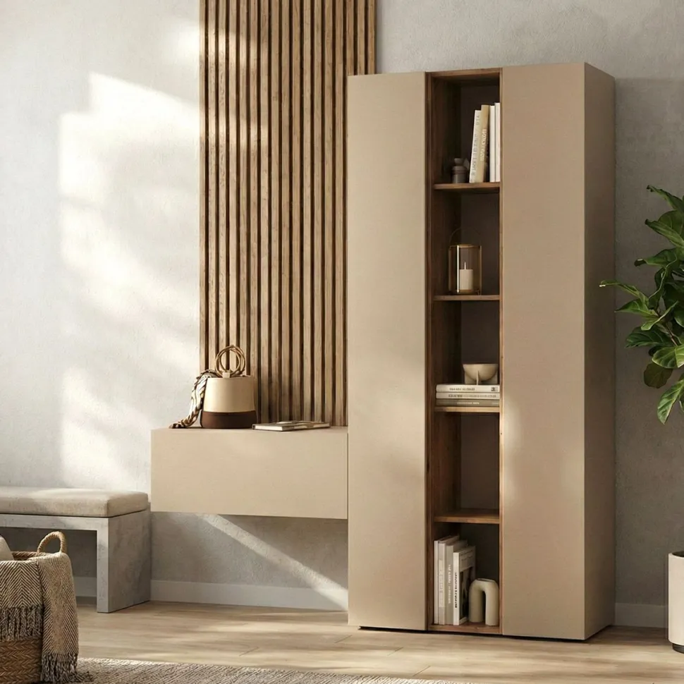 Ingresso moderno sospeso con Armadio stretto e libreria in finitura Cashmere e Cadiz