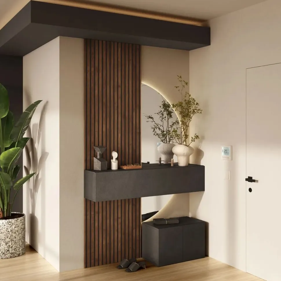 Ingresso moderno sospeso con Boiserie, specchio panca e ribalta in finitura Lava e Mercure cannettato