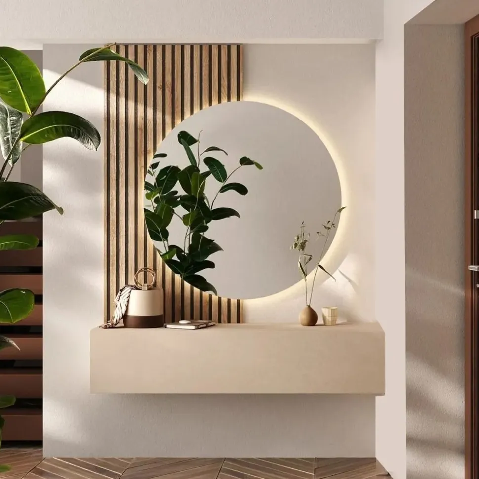Ingresso sospeso moderno con pensile e specchio retroilluminato in finitura Cashmere e Cadiz