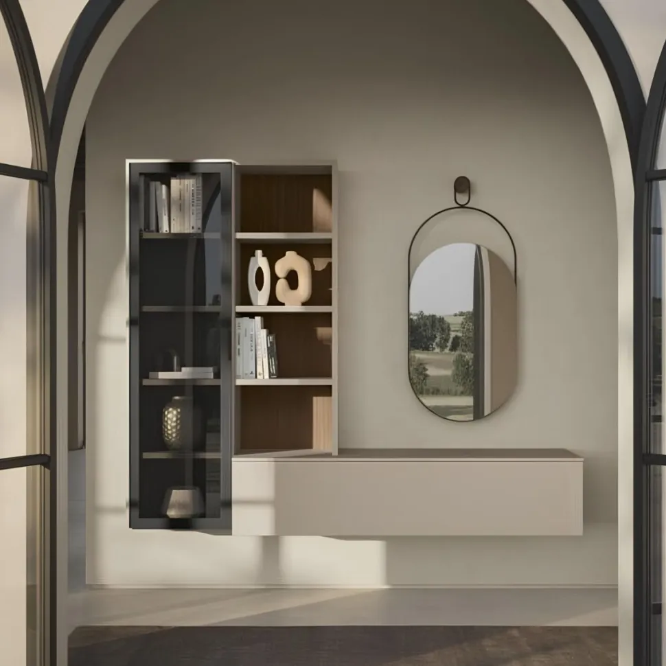 Ingresso sospeso personalizzabile con anta in vetro e libreria a giorno