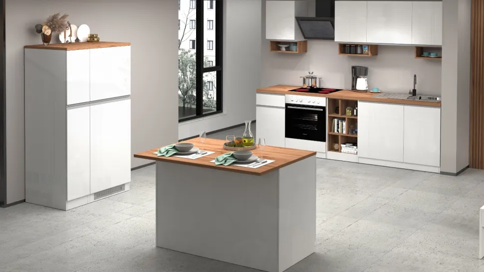 Isola centrale da cucina 2 ante in finitura Bianco Lucido e Rovere