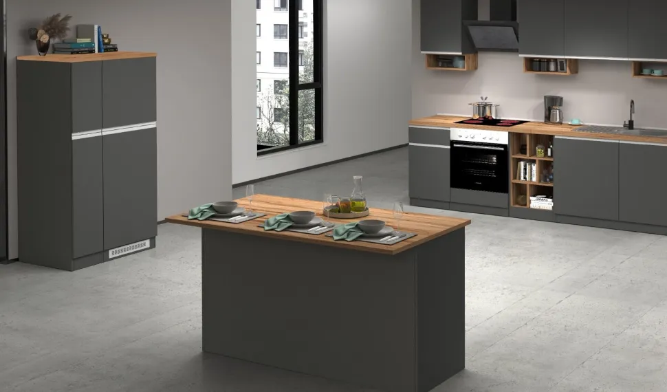 Isola centrale da cucina 3 ante in finitura Antracite Opaco e Rovere