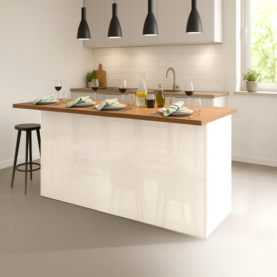 Isola centrale da cucina 3 ante in finitura Bianco Lucido e Rovere