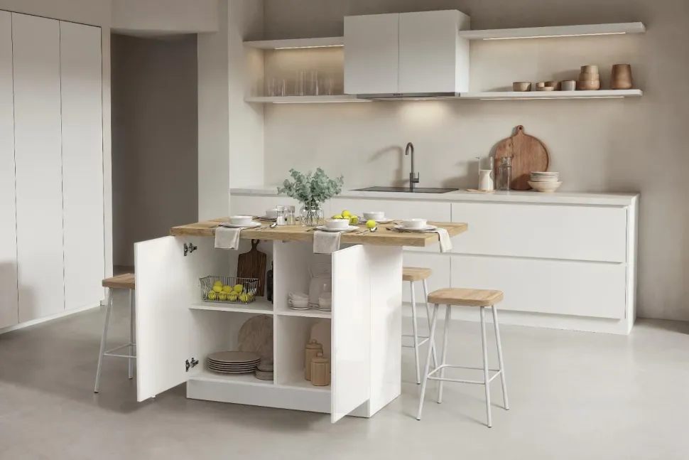 Isola da Cucina a 2 ante in Bianco Lucido e Rovere Cadiz