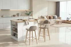 Isola da Cucina 2 ante con vani a giorno 160x80 cm in Bianco Lucido e Rovere Cadiz