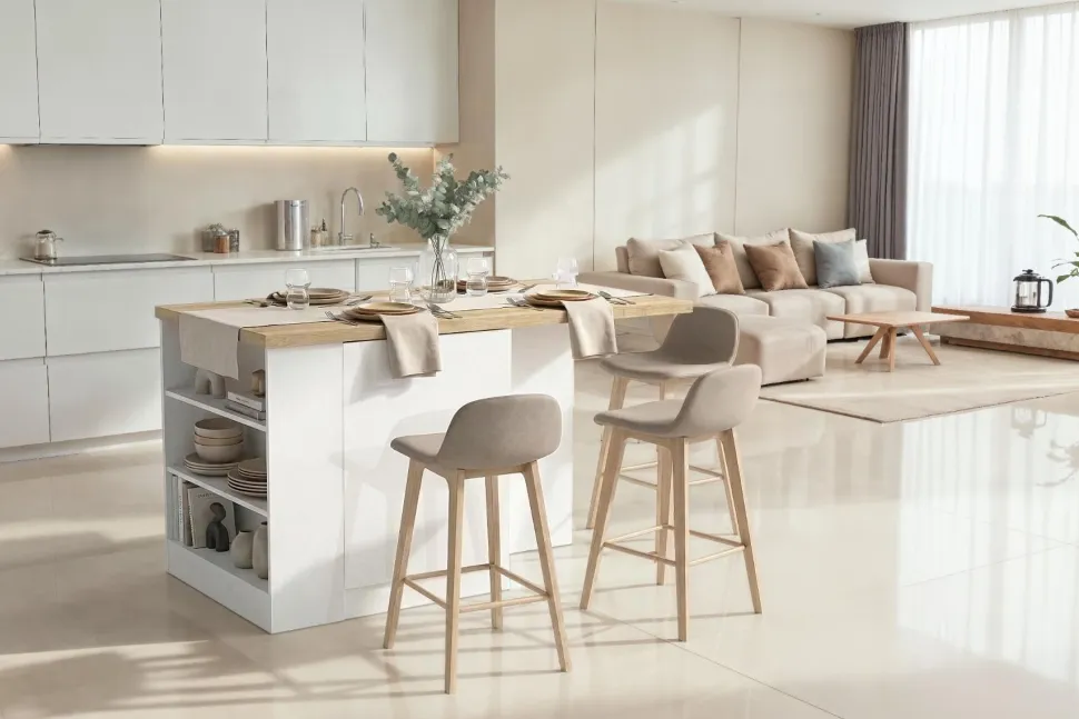 Isola da Cucina 2 ante con vani a giorno 160x80 cm in Bianco Lucido e Rovere Cadiz