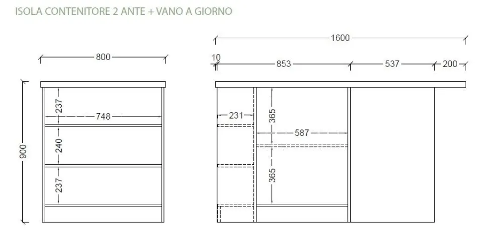 Isola da Cucina 2 ante con vani a giorno 160x80 cm in Bianco Lucido e Rovere Cadiz