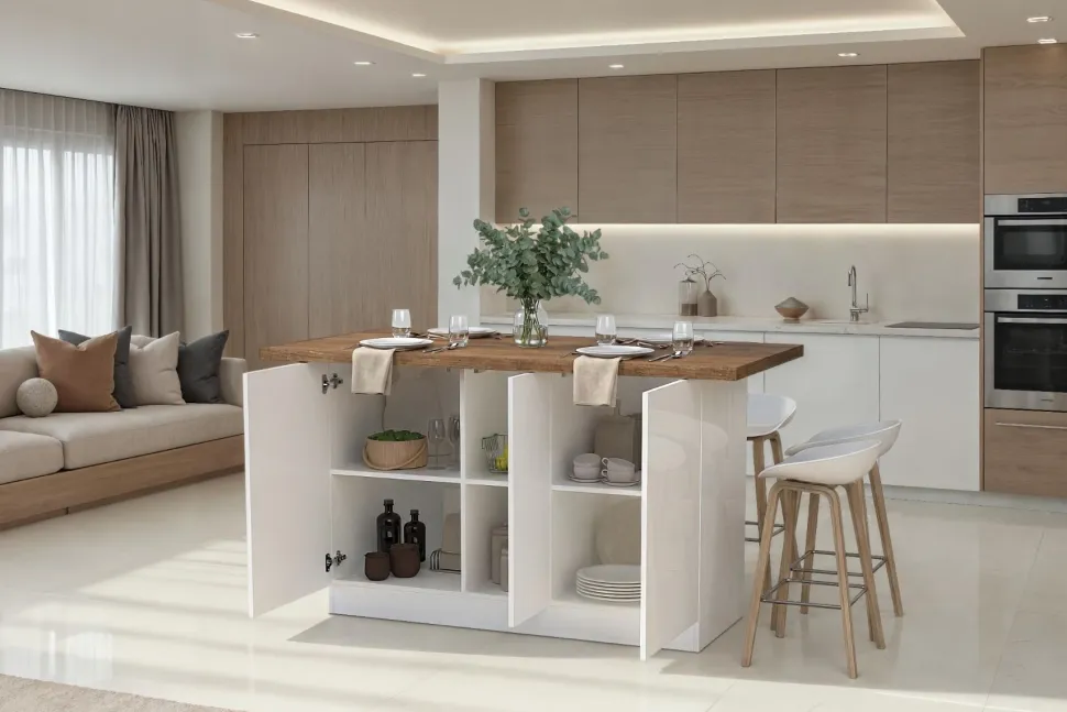 Isola da Cucina 3 ante 160x80 cm in Bianco Lucido e Rovere Mercure