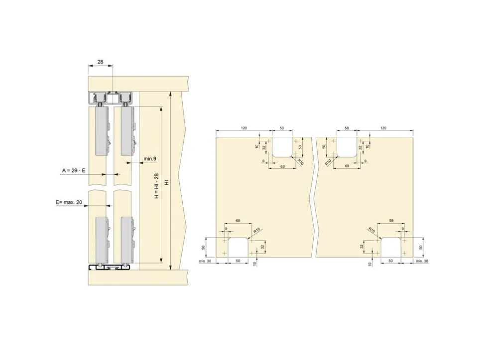 Kit di ferramenta per armadio 2 ante scorrevoli con chiusura soft Flow binari di superficie da 2,35 m