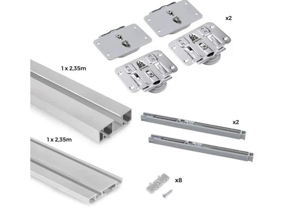 Kit di ferramenta per armadio 2 ante scorrevoli con chiusura soft Flow binari di superficie da 2,35 m