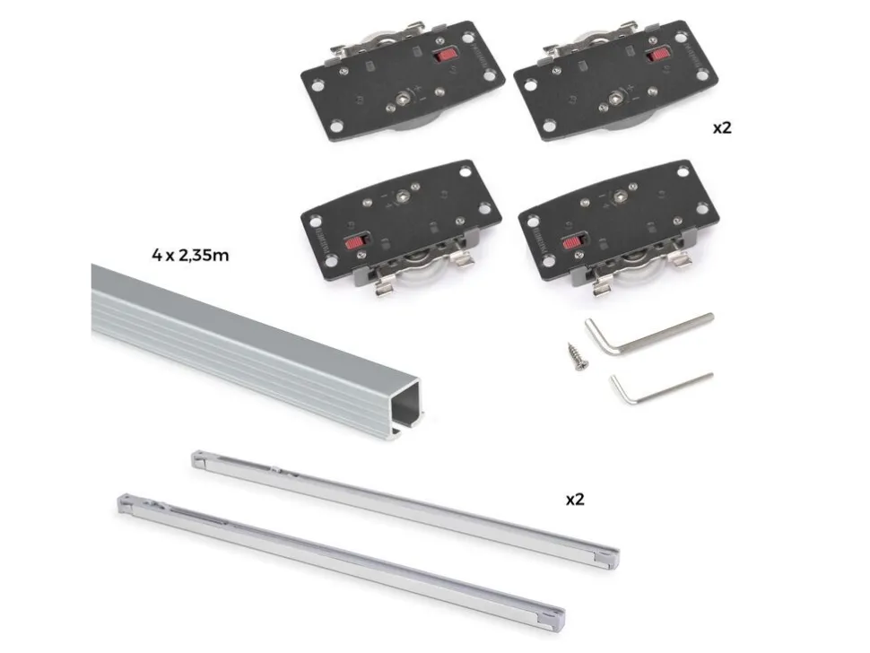 Kit di ferramenta per armadio 2 ante scorrevoli e chiusura soft Flow con binari incassati 2,35 m