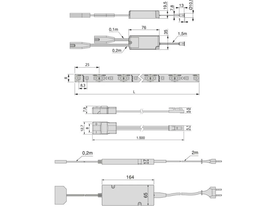 Kit di strisce LED Lynx Premium 9,6W/m IP20 lunghezza 5 m con convertitori 12V DC e cavi e sensori DOOR o SWITCH