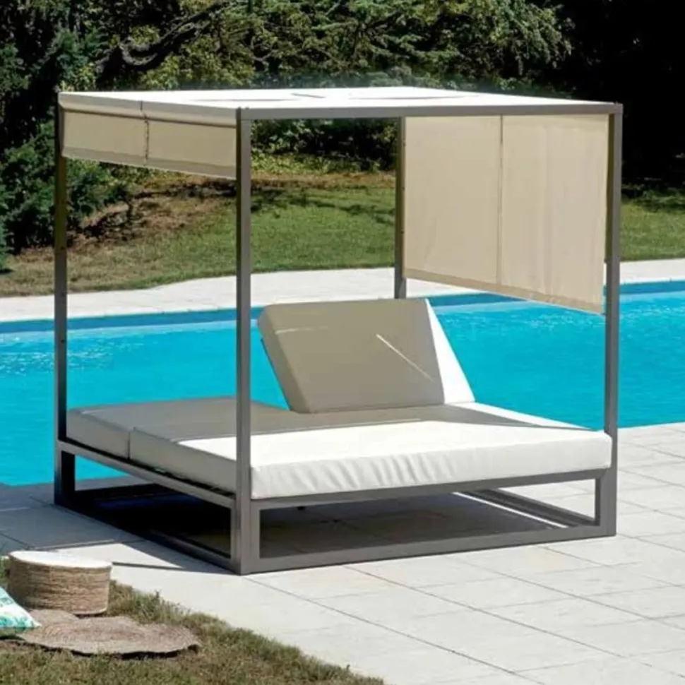 Letto a Baldacchino Matrimoniale Outdoor Alluminio Tortora e Pelle Sintetica Crema