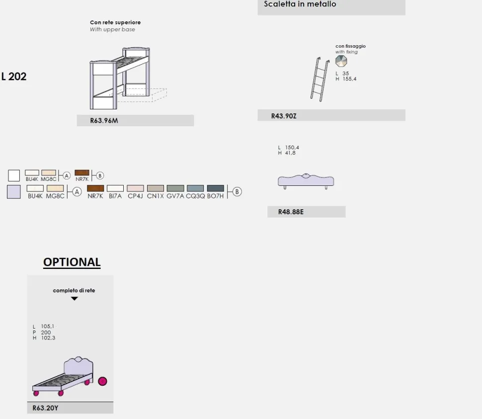 Letto a castello Agata linea Omega disponibile in vari colori