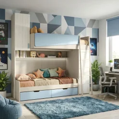 Letto a castello con armadi e cassettoni in Bianco Altea e Azzurro disponibile in 2 misure