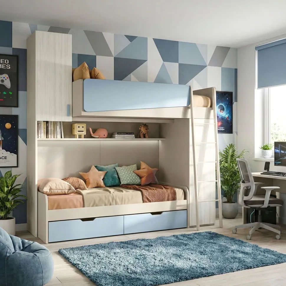 Letto a castello con armadi e cassettoni in Bianco Altea e Azzurro disponibile in 2 misure
