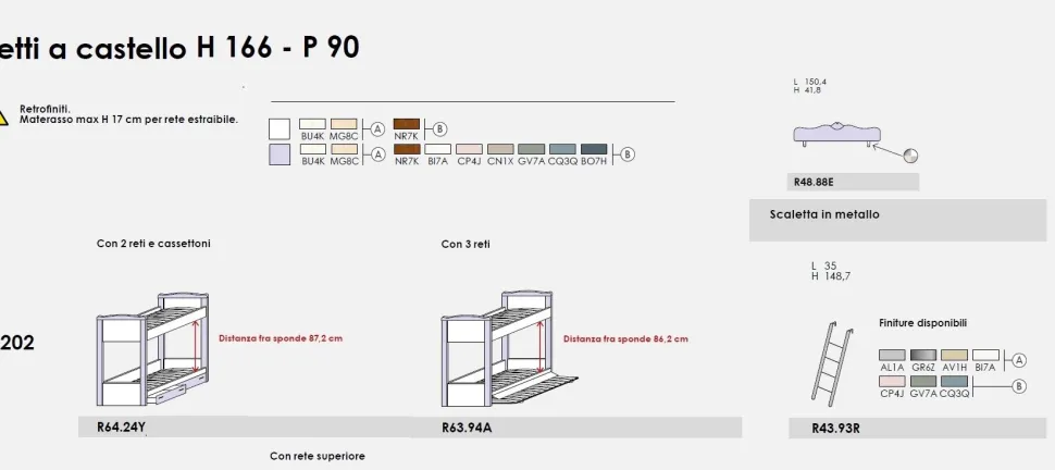 Letto a castello con 2 reti e cassettoni Megan linea Omega disponibile in vari colori