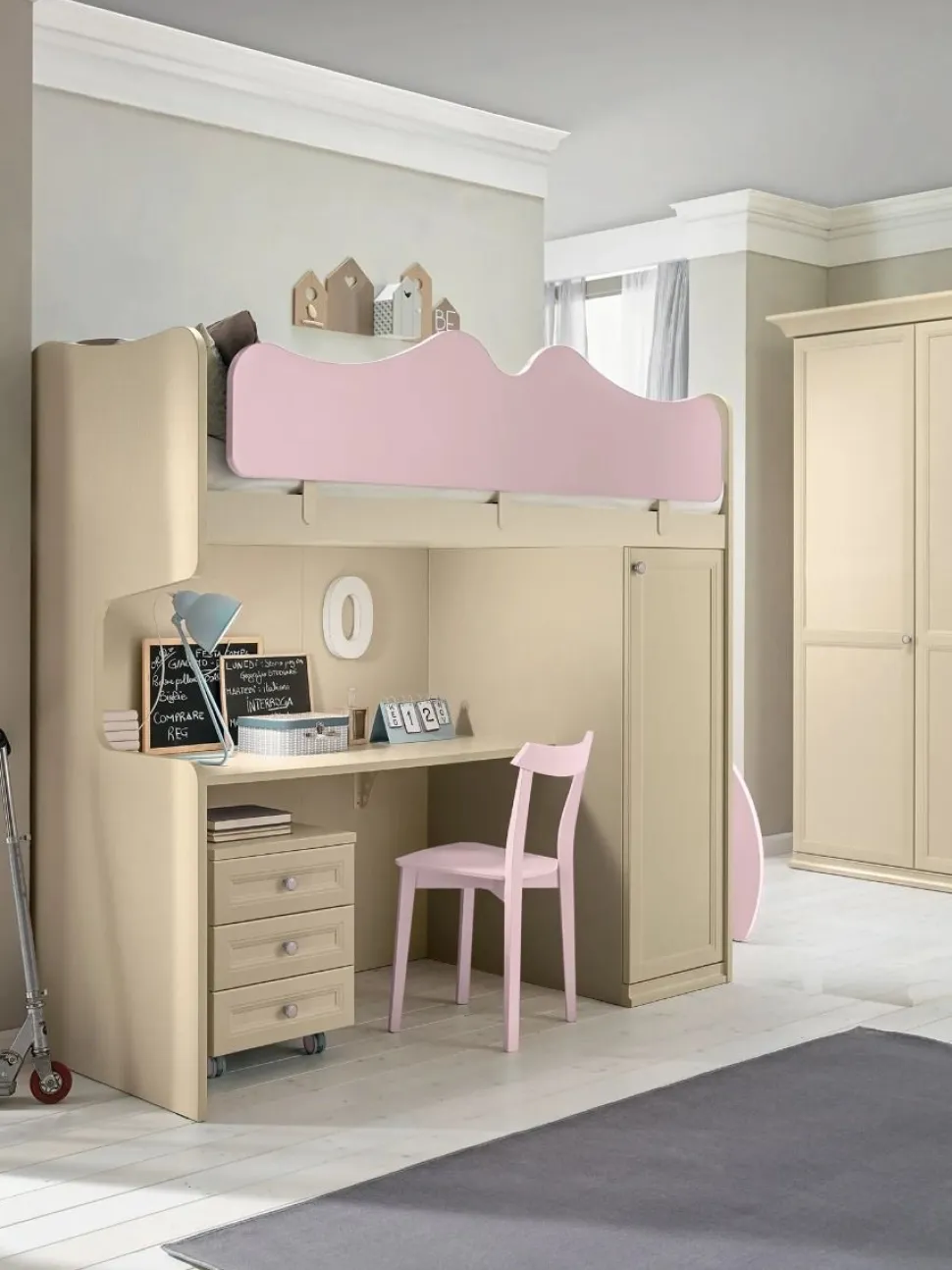 Letto a castello con scrivania integrata Mara linea Omega disponibile in vari colori