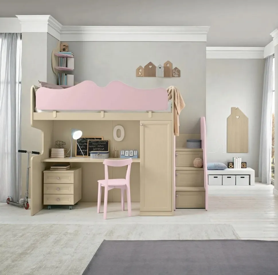 Letto a castello con scrivania integrata Mara linea Omega disponibile in vari colori