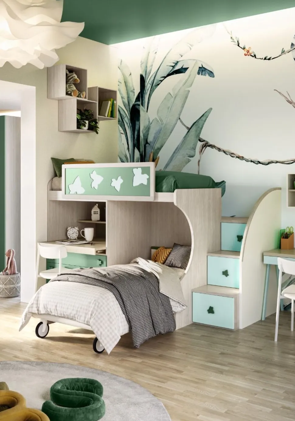 Letto a castello con scrivania estraibile linea Colorfull finitura Cenere Wood, Salvia e Lattementa