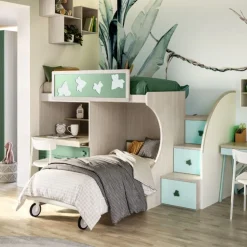 Letto a castello con scrivania estraibile linea Colorfull finitura Cenere Wood, Salvia e Lattementa