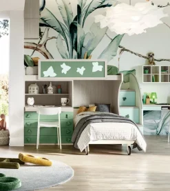 Letto a castello con scrivania estraibile linea Colorfull finitura Cenere Wood, Salvia e Lattementa