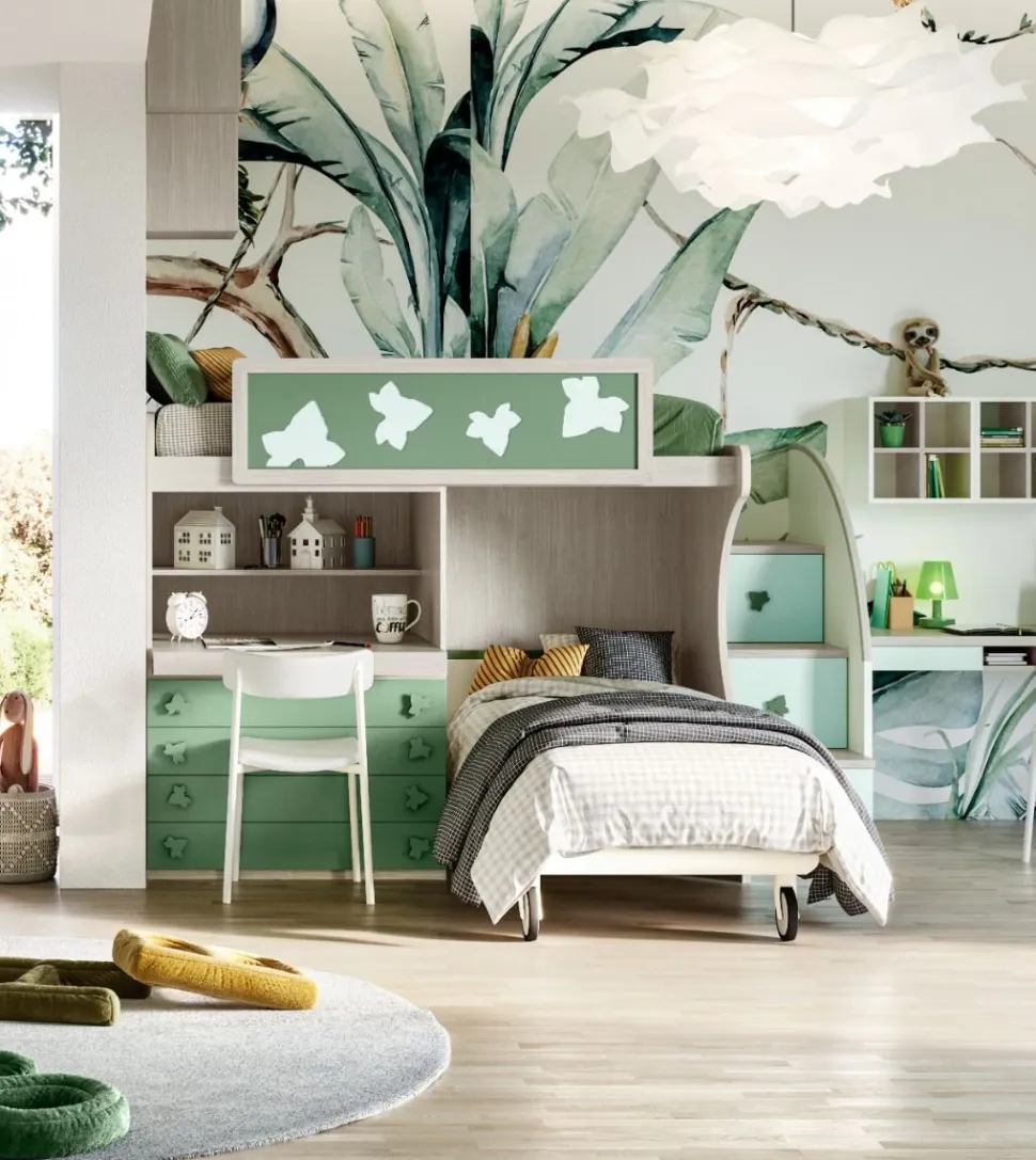 Letto a castello con scrivania estraibile linea Colorfull finitura Cenere Wood, Salvia e Lattementa
