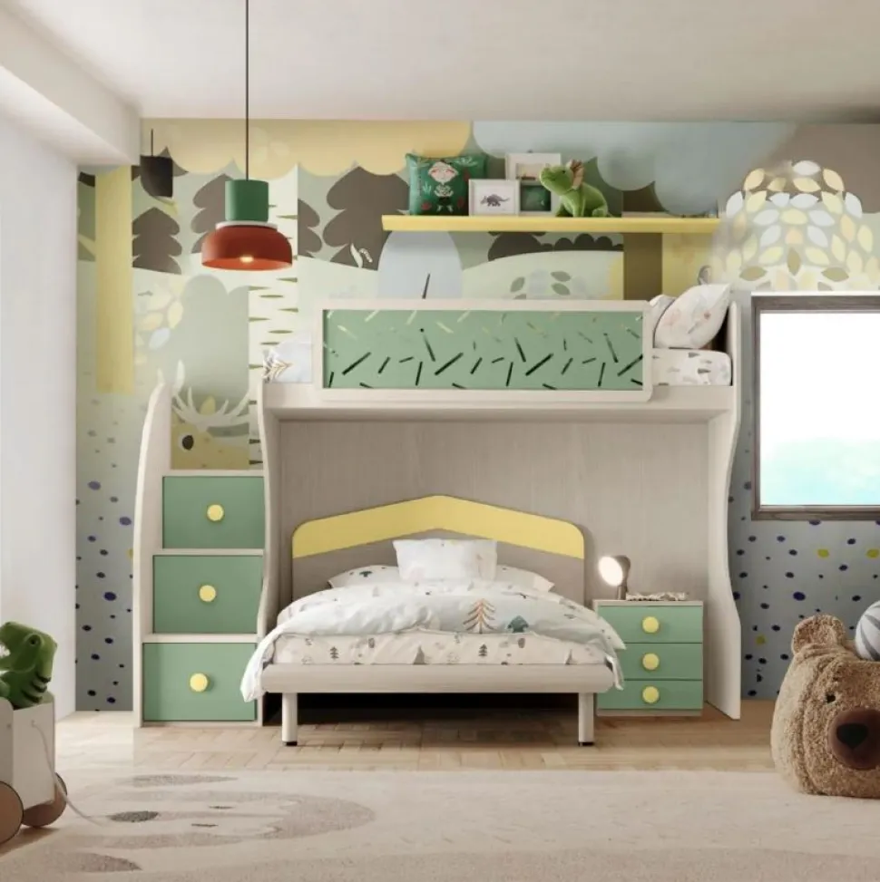 Letto a castello Pablo linea Fly finitura Cenere Wood e Salvia disponibile in Vari COLORI