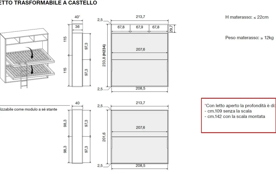 Letto a castello trasformabile a scomparsa con armadio integrato in Argilla e Noce moro