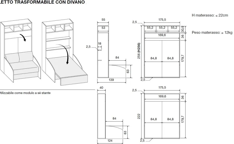 Letto a scomparsa con divano integrato in Noce biondo e Orzo disponibile in vari colori