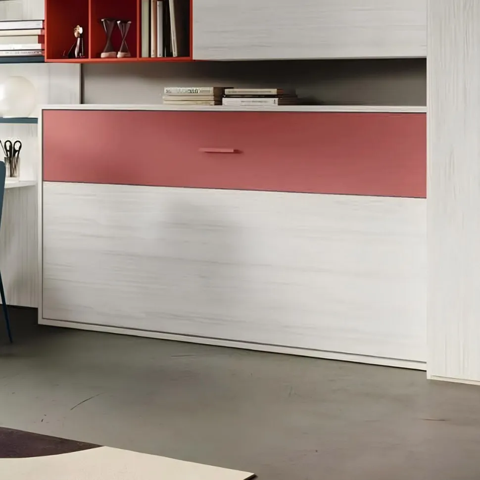 Letto a Scomparsa orizzontale trasformabile in Bianco altea e Rosso Paprika disponibile in 2 misure