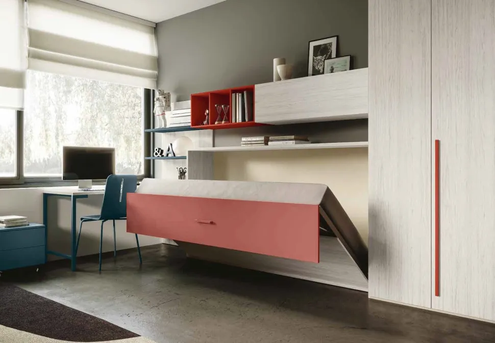 Letto a Scomparsa orizzontale trasformabile in Bianco altea e Rosso Paprika disponibile in 2 misure