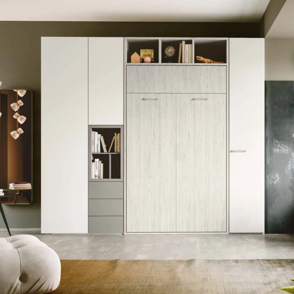 Letto a Scomparsa una piazza e mezza trasformabile con armadi e libreria Bianco altea e Grigio