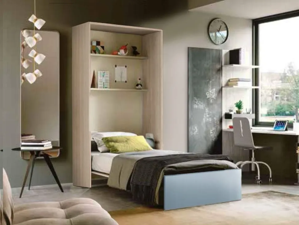 Letto a scomparsa verticale trasformabile in Olmo e Azzurro disponibile in 2 misure