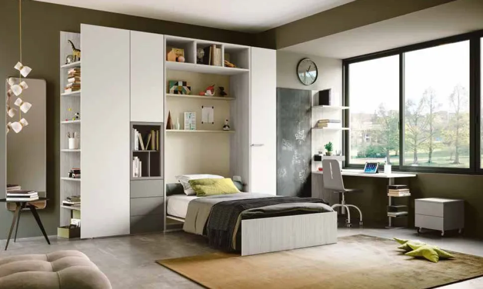 Letto a scomparsa verticale trasformabile in Olmo e Azzurro disponibile in 2 misure