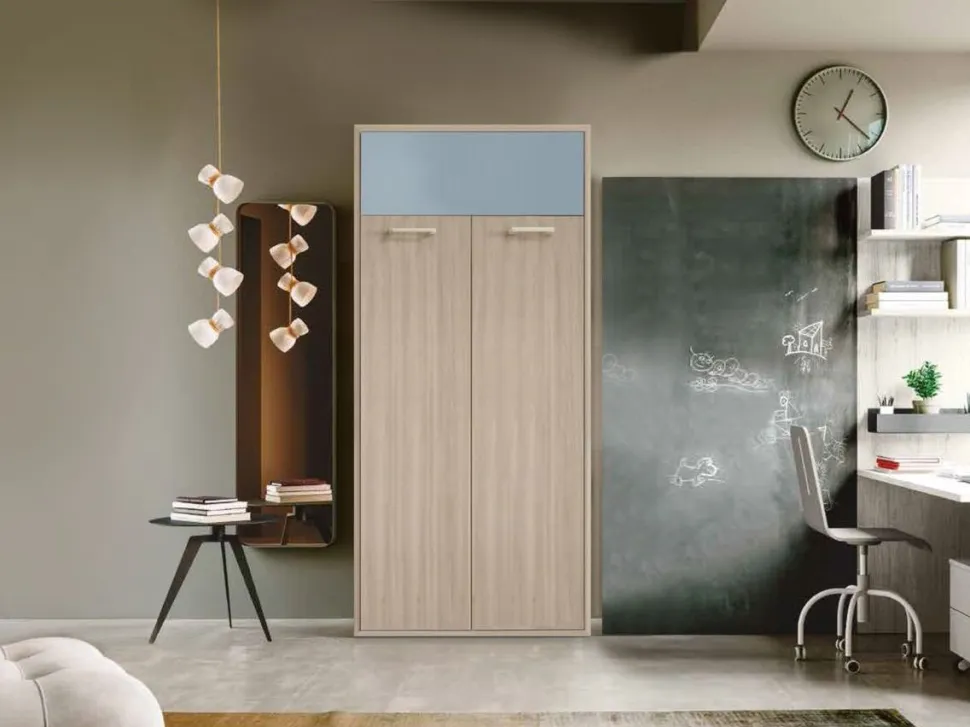 Letto a scomparsa verticale trasformabile in Olmo e Azzurro disponibile in 2 misure
