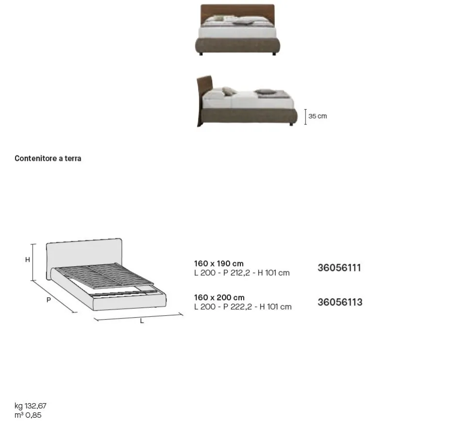 Letto contenitore con testiera curva e giroletto imbottito matrimoniale Ronald disponibile in 2 misure e vari colori