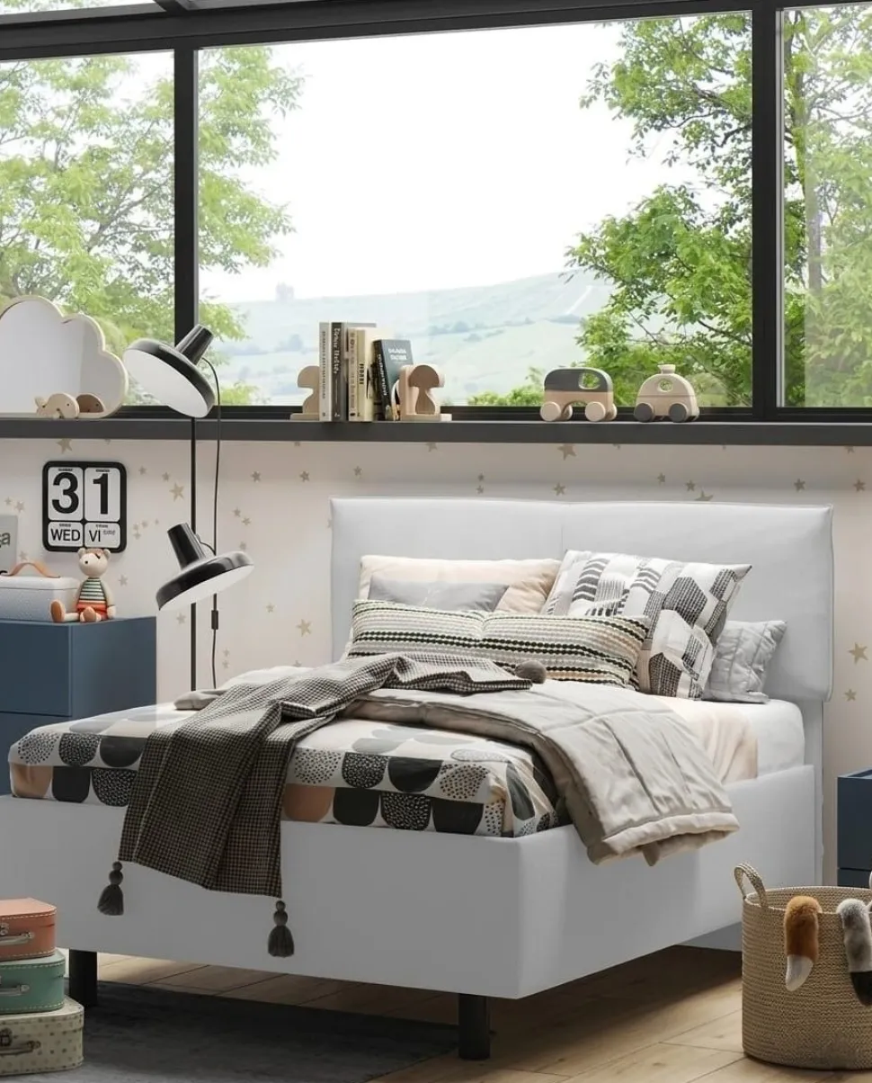 Letto contenitore imbottito una piazza e mezza in tessuto disponibile in 4 colori