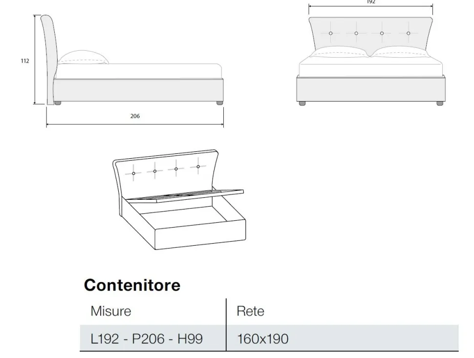 Letto contenitore matrimoniale imbottito moderno con testiera trapuntata disponibile in vari colori