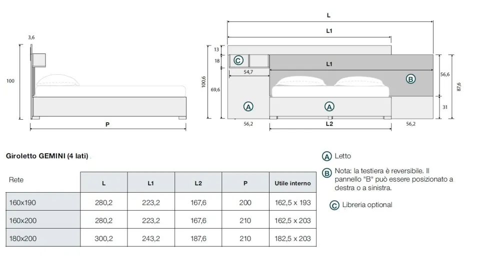 Letto contenitore matrimoniale Tami disponibile in 3 misure e vari colori